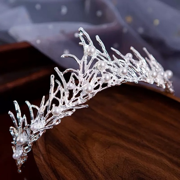 Silver Pearl Coral Branch Tiara Crown for Women